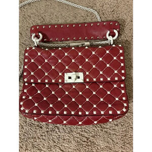 Valentino Rockstud Spike Red White Quilted Handle Shoulder chain Bag.